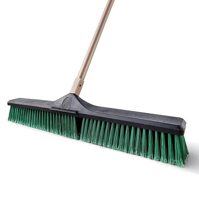 Eyliden 24" Heavy Duty Push Broom, Large Outdoor Stiff Sweeping Brooms with 62" Enhanced Steel Long Handle, Multi-Surface Floor Scrub Brush for Garage Garden Yard Patio Deck (Green, 24inch)