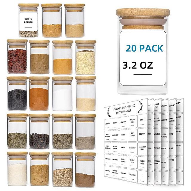 Glass Spice Jars with Bamboo Airtight Lids and 175 Printed Spice Labels Sticker - 20 Pcs of 3.5 fl.oz Small Food Storage Containers for Pantry Spice, Herbs, Tea, Spice Rack Organization (20 Pcs -100 ml)