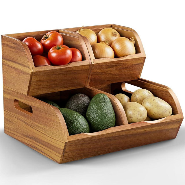 NAGAWOOD Acacia Wood Pantry Storage Bins - Stackable Open Front Kitchen Baskets for Potato, Onion, Fruit, Vegetable, and Bread Storage, Wood Organizer for Pantry (Warm Acacia)