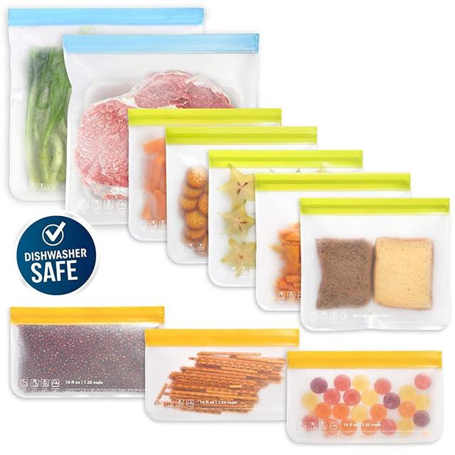 10 Pack Dishwasher Safe Reusable Food Storage Bags (5 Resuable Sandwich Bags, 3 Reusable Snack Bags, 2 Freezer Gallon Bags), Extra Thick Leakproof Silicone & Plastic Free Ziplock Bags