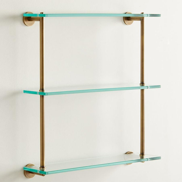 Linden Handcrafted 24" Glass Triple Shelf, Tumbled Brass