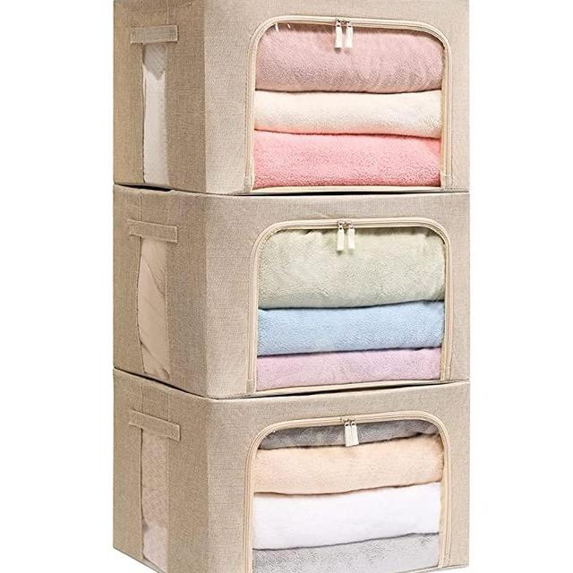 3Pack Foldable Storage Bins - Frame Storage Box Linen Fabric Stackable Clothes Container Organizer with Clear Window & Carry Handles Large Capacity (Beige, Large-66L)
