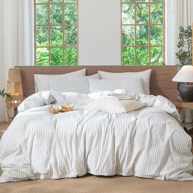 MooMee Striped Duvet Cover Set 100% Washed Cotton Linen Like Textured Breathable Durable Soft Comfy (White Heathered Green Wide Stripes, Queen 90"x90")