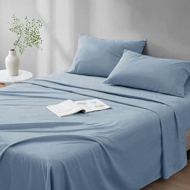 Comfort Spaces 100% Cotton Sheet Set Breathable, Lightweight, Soft with 14" Elastic Pocket Fits up to 16" Mattress, All Season Cozy Bedding, Matching Pillow Case, Queen Blue 4 Piece