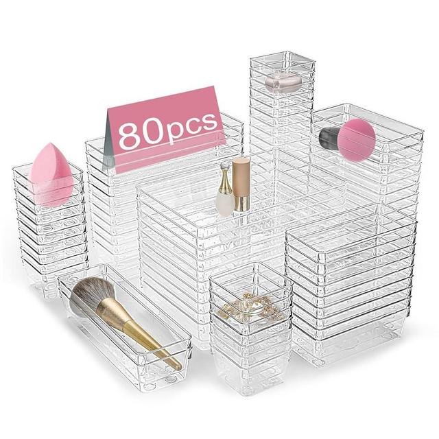 Drawer Organizers Set of 80, 4 Sizes Clear Plastic Drawer Organizers and Storage Bins for Kitchen, Bathroom, Office, Dresser Desk Drawer Organizer Tray for Jewelry, Makeup, Junk, Gadgets