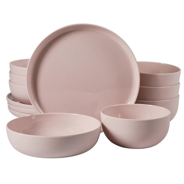 Gibson Home Candy Skies 12 Piece Unbreakable Wheat Straw Melamine Plates and Bowls Dinnerware Set - Outdoor, Camping, & Everyday Use - Matte Exterior/Shiny Interior Pink