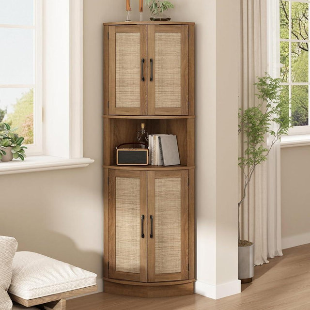 HOKYHOKY Tall Corner Cabinet, 64.7" Rattan Corner Storage Cabinet with 4 Doors and 5 Storage Shelves, Farmhouse Space Saver, Boho Shelf for Living Room, Kitchen, Bathroom, Office