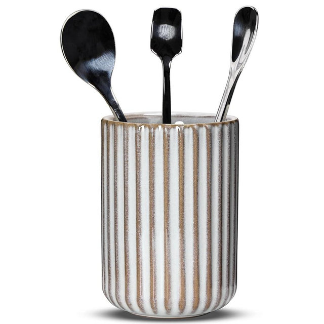 U-TIMES Ceramic Spoon Holder for Coffee Bar, Upright Tea Spoon Holder Cup, Coffee Stirrers Straws Stir Stick Holder, Fish Belly White Fluted Surface