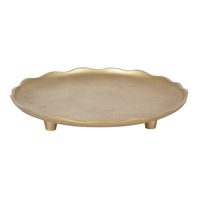 Kate and Laurel Alessia Modern Decorative Metal Footed Tray with Rough Texture and Deckled Edge, 16" Diameter, Gold