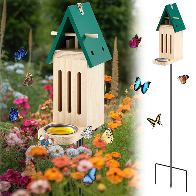 Tandefio Butterfly House and Feeder for Outside Wooden Butterfly Houses for Garden Natural Butterfly Habitat and Butterfly Puddler with Metal Stake Easy Cleaning Conservation
