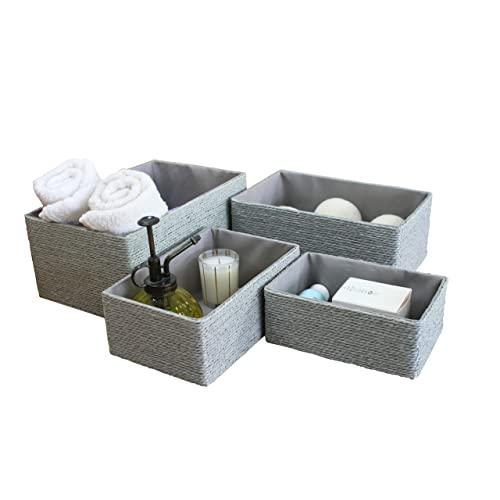 Storage Baskets Set 4 - Stackable Woven Basket Paper Rope Bin, Storage Boxes for Makeup Closet Bathroom Bedroom (Gray)