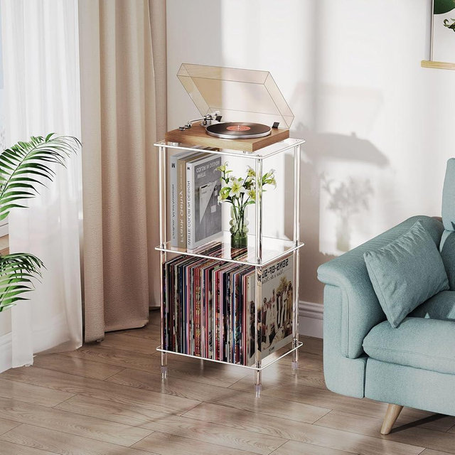 Bkemiy Acrylic Record Player Stand, 3-Tier Clear Turntable Table with Vinyl Record Storage, 15.74" L x 11.81" W x 30.7" H, Tall Modern Side Table/End Table for Living Room, Bedroom JJ00041