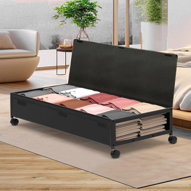 MixcMax Underbed Storage Containers with Wheels - Lengthen Under Bed Storage Bins With Lids, Large Capacity Metal Clothes Organizer for Bedroom, Storage Box for Clothing Shoes Blankets Sheet