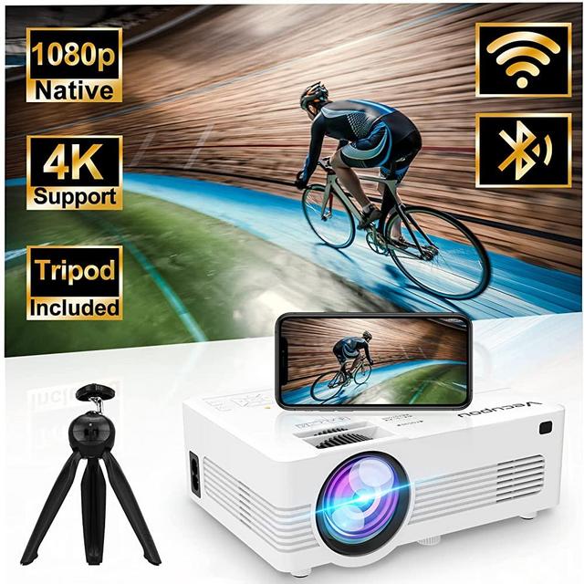 5G WiFi Bluetooth Projector, Native 1080P Outdoor Projector (with Tripod), 4K Supported, Max 230” Display, Full HD True Movie Projector, Compatible with TV Stick, iOS, Android, PS5, HDMI, USB, Vecupou