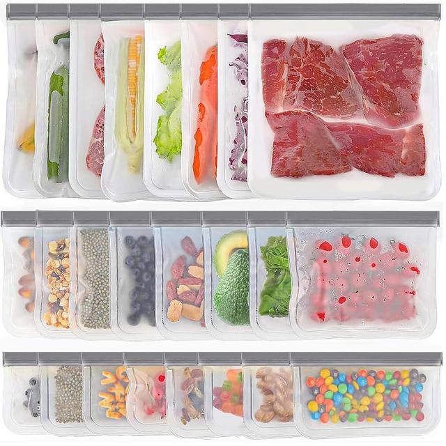 LKSUMPT 24 Pack Reusable Freezer Bags, Food Storage Bags, Reusable Bags BPA Free, Leakproof Extra Thick for Traveling & Household (8 Gallon+8 Snack+8 Sandwich Bags), Grey