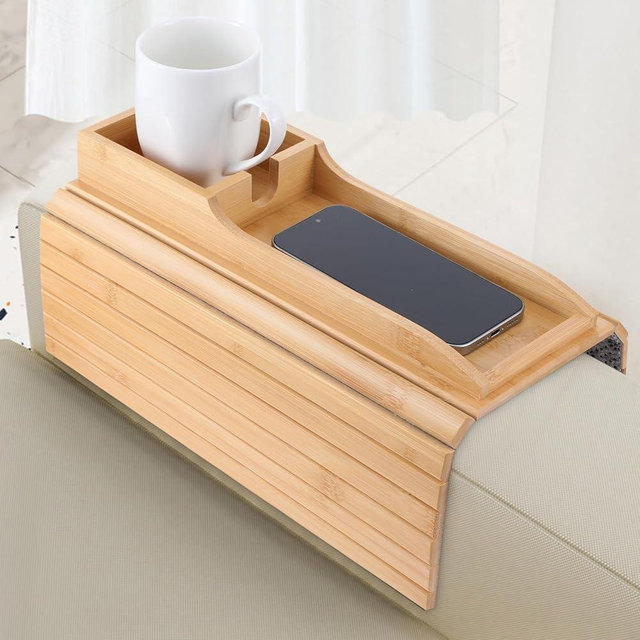 Bamboo Sofa Armrest Tray Couch Arm Tray Detachable Clip On Couch Cup Holder Anti-Slip Foldable Sofa Table Case for Snacks Remote Phone Drinks Livingroom Housewarming