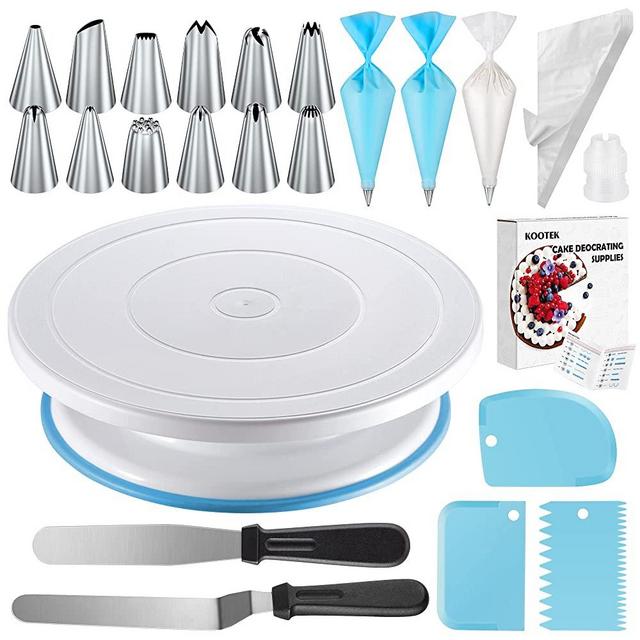 Kootek Cake Decorating Kits Supplies with Cake Turntable, 12 Numbered Cake Decorating Tips, 2 Icing Spatula, 3 Icing Smoother, 2 Silicone Piping Bag, 50 Disposable Pastry Bags and 1 Coupler, Blue