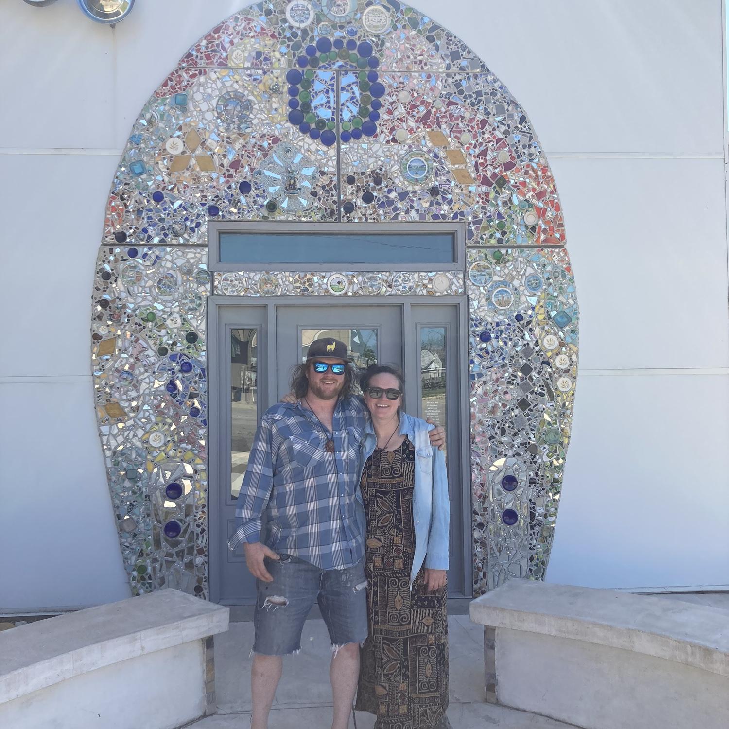 We are inside the  “Most Artistic Giant Toilet Bowl” Lucas, Kansas. Stop by and check it out :) The restrooms inside are impressive!