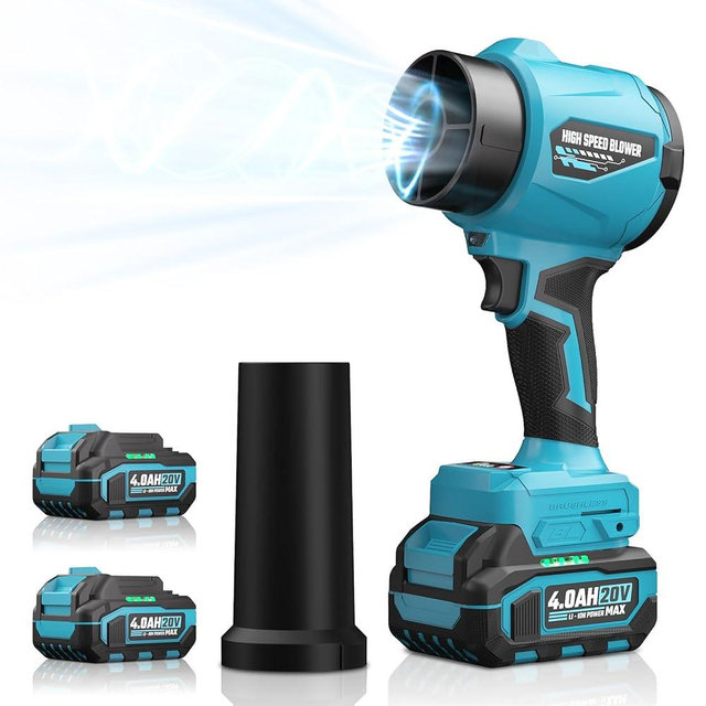 VERVEWAVE Leaf Blower with 2 X 4.0Ah Battery and Charger, 20V Cordless Blower for Lawn Care, & House Cleaning, 980,000 RPM Jet Blower, Extended Nozzle & Earbuds Included, Blue