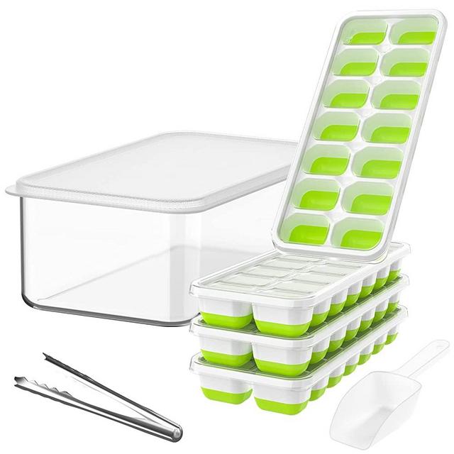 DOQAUS Ice Cube Tray with Lid and Bin, Silicone Ice Cube Trays for Freezer with Ice Box, 4 Pack Ice Trays with Ice Container for Cocktails, Stackable Ice Maker with Storage Ice Bin, Ice Tong & Scoop