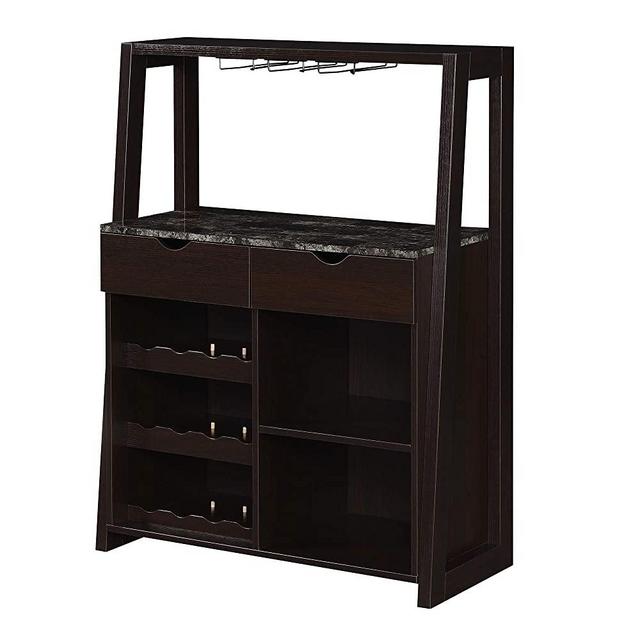 Convenience Concepts Uptown Wine Bar with Cabinet, Faux Black Marble / Espresso