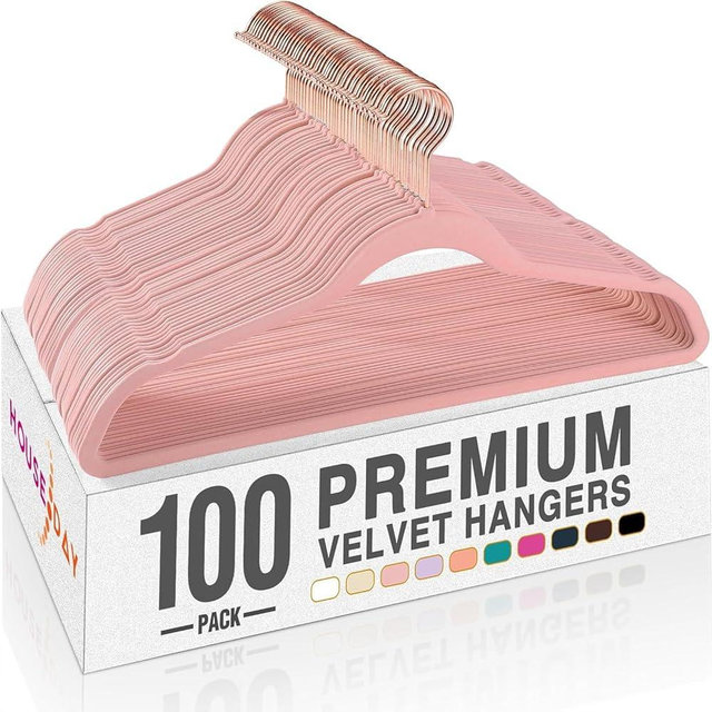 HOUSE DAY Pink Velvet Hangers 100 Pack, Premium Non-Slip Felt Clothes Hangers, Sturdy Heavy Duty Coat, Durable Hanger for Suits, Space Saving with No Hanger Mark, 360° Swivel Rotating Rose Gold Hook