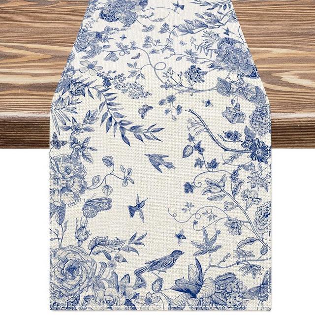 AnyDesign Blue and White Table Runner 13 x 72 Inch Monochrome Sketch Birds Flower Table Cover Retro Floral Kitchen Dining Table Decoration for Home Party Restaurant Decor Supplies