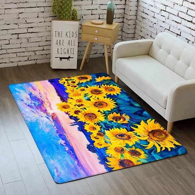 Sunflower Theme Area Rugs Yellow Floral Oil Painting Throw Rug Washable Artistic Floor Mats for Living Dining Room Bedroom,4'×6'