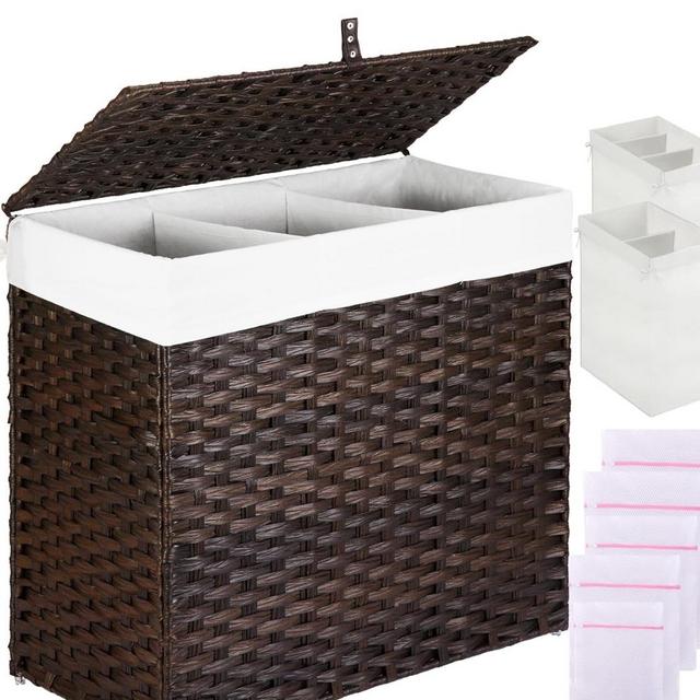 Greenstell Laundry Hamper with Lid, 125L Large Clothes Hamper with 3 Section & 2 Section Removable Liner Bags & 5 Mesh Laundry Bags, Handwoven Synthetic Rattan Divided Laundry Basket, Brown