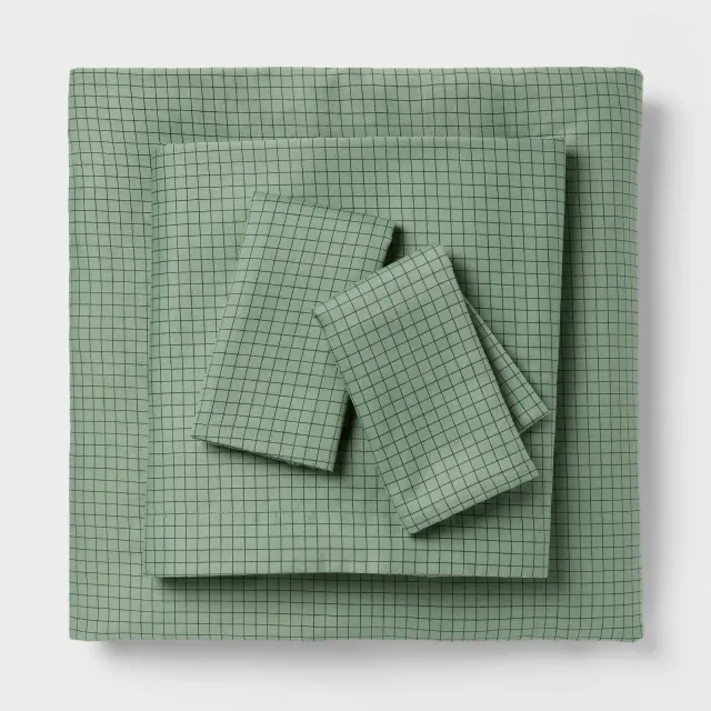 King Cotton Blend Sateen Sheet Set Sage Green Micro Grid - Room Essentials™