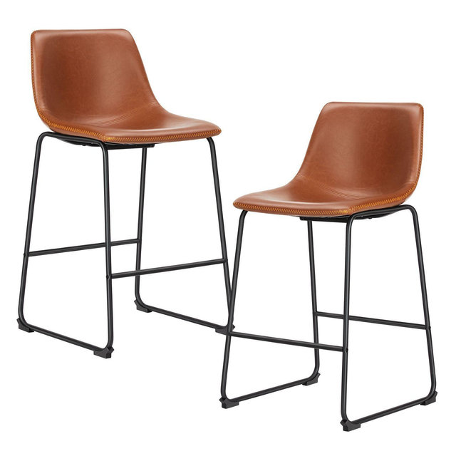 JIONJOY 26 in. Metal Frame Counter Stool with Faux Leather Seat Set of 2 -Brown