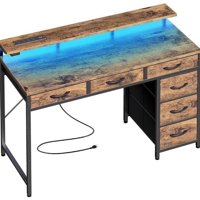 Huuger Gaming Desk with 6 Drawers, Computer Desk with LED Lights Power Outlets and Type-C, 39 Inch Office Desk with Storage, Monitor Stand, Writing Desk Work Desk Home Office, Study, Rustic Brown