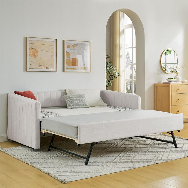Antetek Daybed with Pop up Trundle,Modern Linen Fabric Upholstered Twin Size Day Bed Frame w/Twin Roll-Out Trundle,Furniture for Bedroom,Living Room,Guest Room,No Box Spring Needed,Upgrade Beige,Twin