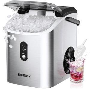 EUHOMY Nugget Ice Maker Countertop with Handle, Ready in 6 Mins, 34lbs Per Day, Removable Top Cover, Auto-Cleaning, Portable Sonic Ice Maker with Basket and Scoop, for Home/Party/RV/Camping (Silver)