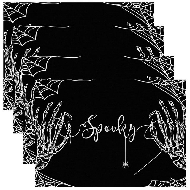 HINGTAI 4Pcs Halloween Skeleton Spooky Spider Black Placemats Set of 4, Suitable for Parties, Kitchen, Table Decor