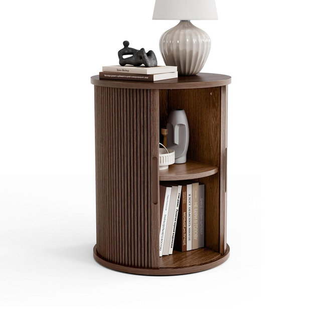LINSY HOME Round End Table, Fluted Side Table with Sliding Door, Mid Century Modern Nightstand, Wood Boho Tall Bedside Table for Small Space, Walnut