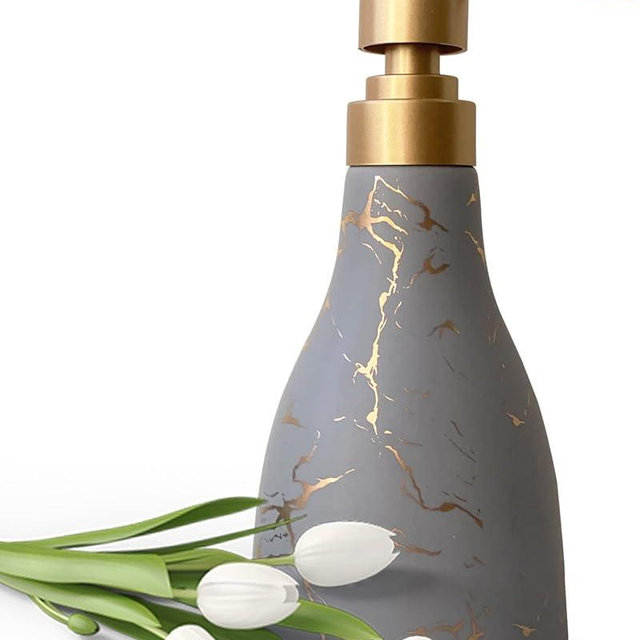 Ceramic Soap Dispenser With Marble Pattern for Bathroom and Kitchen - Grey Liquid Hand Pump Bottle