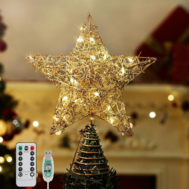 Roylvan Christmas Star Tree Topper with 8 Lighting Modes, USB Christmas Star Treetop with Timer Decorative Light with Silver Strip, 20 LED Light Xmas Tree Top Decor for Home Indoor Outdoor, Gold