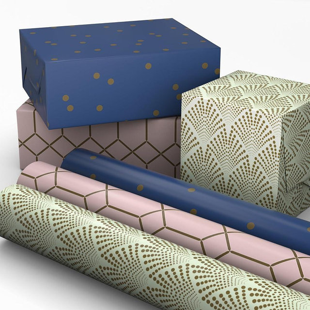 Hallmark Elegant Wrapping Paper Mini Rolls, 3-Pack (Art Deco Gold, Pink Geometric, Navy Blue) for Birthdays, Graduations, Weddings, Mother's Day, Father's Day, Any Occasion - 60 Sq. Ft. Total