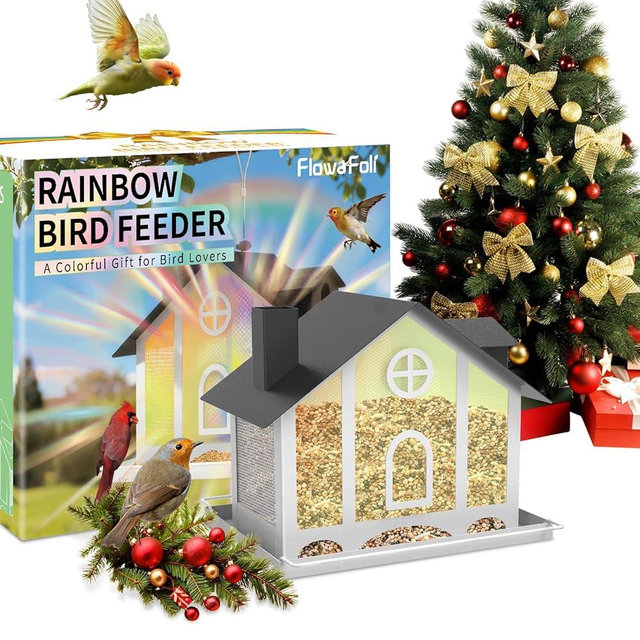 FlowaFoli Bird Feeder House for Outside, Decorative Large Bird Feeders for Outdoors with Rainbow Acrylic Panels, Ideal Gift for BirdLovers to Attract Feathered Friends Year-Round