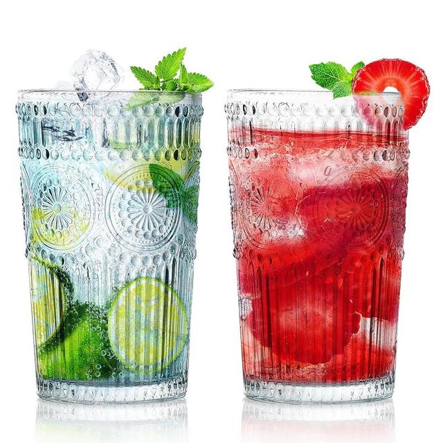 Loivttvv Vintage Drinking Glasses Set of 6, 13 oz Clear Highball Glasses, Embossed Ribbed Glassware Cups for Cocktail, Water, Juice, Coffee, Whiskey