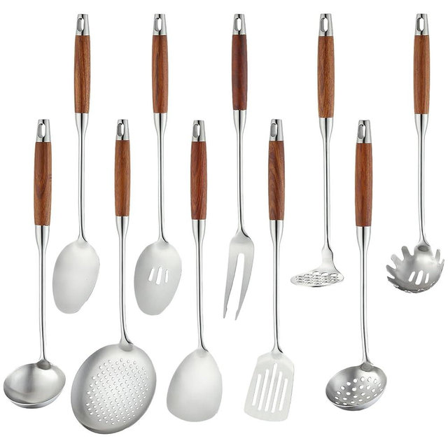 18/10 Stainless Steel Kitchen Utensils Set with Wood Handle Metal Cooking Utensils Set 10 Piece - Spatula, Spoon, Ladle, Skimmer, Slotted Turners, Pasta,Turner, Ladl, Fork