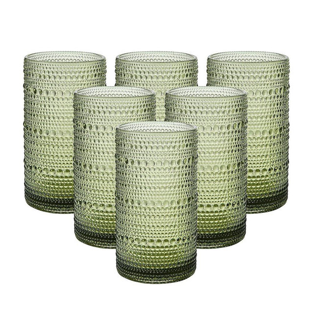 HEFBCOMK Vintage Glassware Drinking Glasses Set of 6,16oz Hobnail Glass Cups,Embossed Green Water Tumbler,for Cocktail, Juice, Whiskey, Milk and Various Mixed Drinks