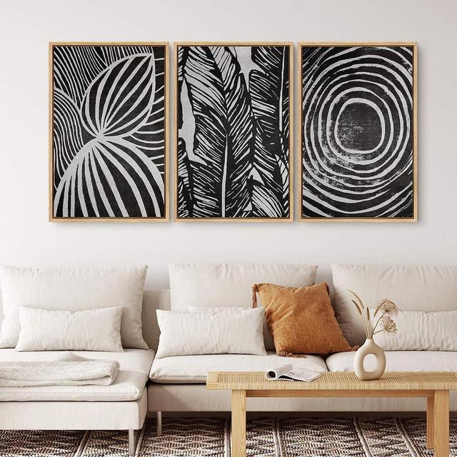 SIGNWIN 3 Piece Framed Canvas Wall Art Leaves Detail Abstract Line Brushstroke Illustration Modern Minimalist Black and White Art Wall Decor