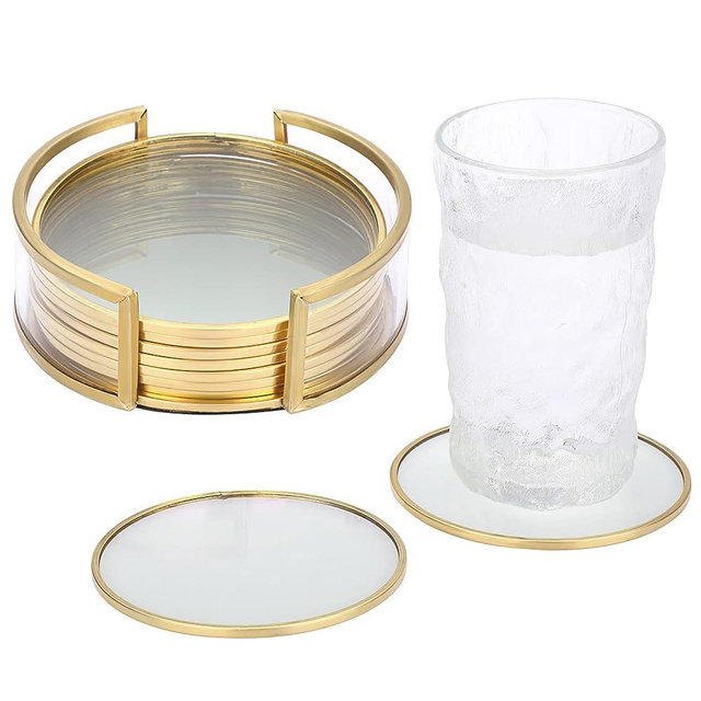 JUXYES Set of 8 Glass Round Coasters with Holder, Golden Brass Coasters for Drinks Glass Cup Coasters Set Modern Coasters Cups Mats Decor for Restaurant Kitchen Bar Dining Table