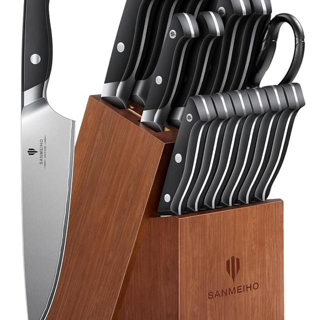 SANMEIHO 16 PCS Knife Set with Block, Japanese Kitchen Knife Set with 5 Layers High Carbon 9Cr18Mov Stainless Steel, Ultra-Sharp Professional Chef Cooking Knives with Ergonomic Handle, Dishwasher Safe