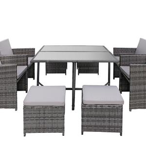 Modern 8 Piece Space Saving Outdoor Furniture Dining Set, Patio Rattan Table and Chairs Set (Grey / Grey)