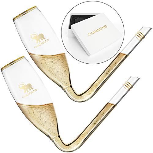 CHAMBONG – Classic Size, 2 Pcs Glass with Gold Accents and Premium Gift Box – Large Champagne Shooter Glass Flute – Fun Party Favor, Bachelorette, Bridesmaids Gifts, Drinking Game