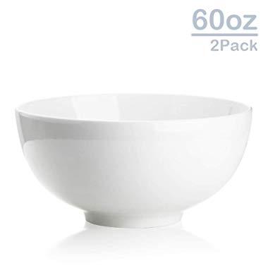 Zoneyila 60 Oz Porcelain Serving Bowls, 2-Pack Large Soup Salad Cereal Pasta Round Bowl Sets,Wide and Anti-slipping,White