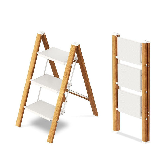 Taranta 3 Step Ladder,Aluminum Lightweight Folding 3 Step Stool with Anti-Slip Wide Pedal,330lbs Capacity Step Ladder for Household,Kitchen,Office - White Woodgrain
